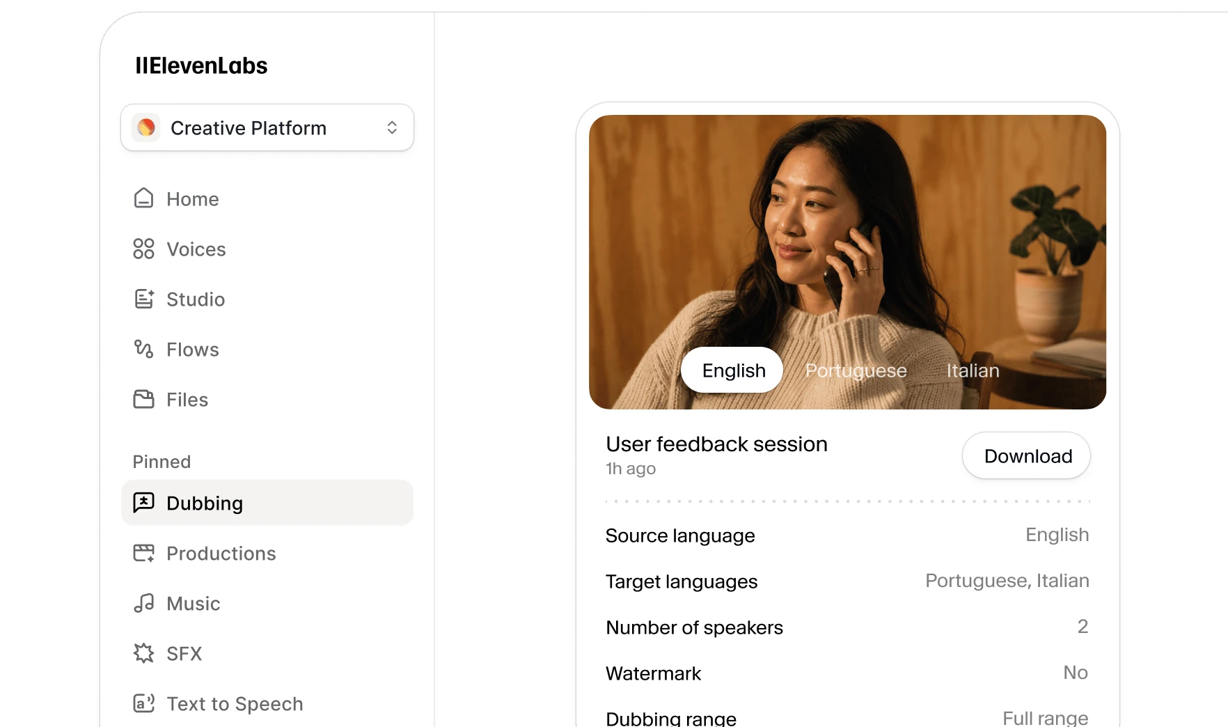 ElevenLabs Creative Platform interface showing a dubbing project with English, Portuguese, and Italian