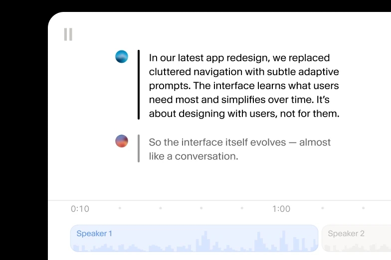 ElevenLabs Studio interface showing two speakers, generated dialogue, and an audio timeline