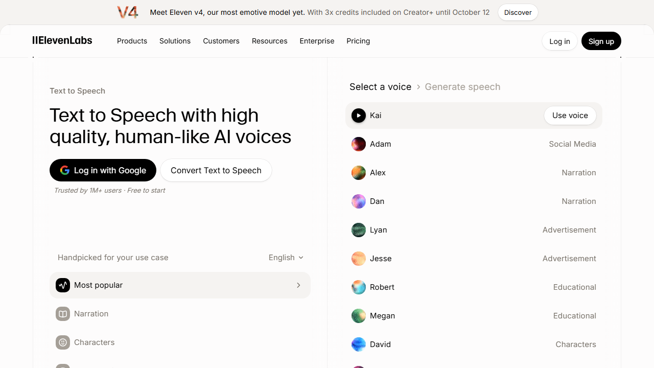 ElevenLabs Text to Speech page showing voice selection and narration use-case controls