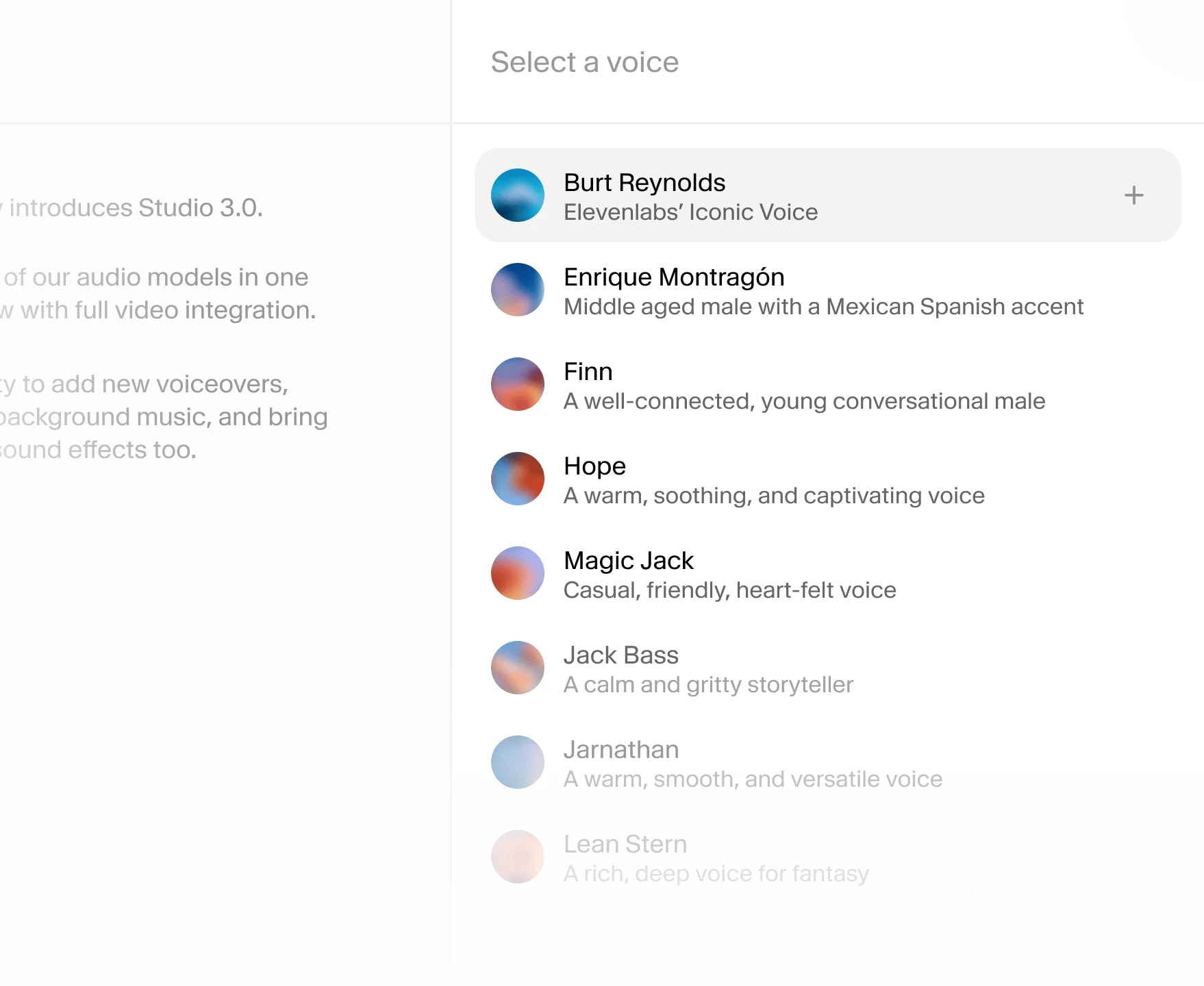 ElevenLabs Studio promotional interface showing a voice selection panel with narrator names and descriptions