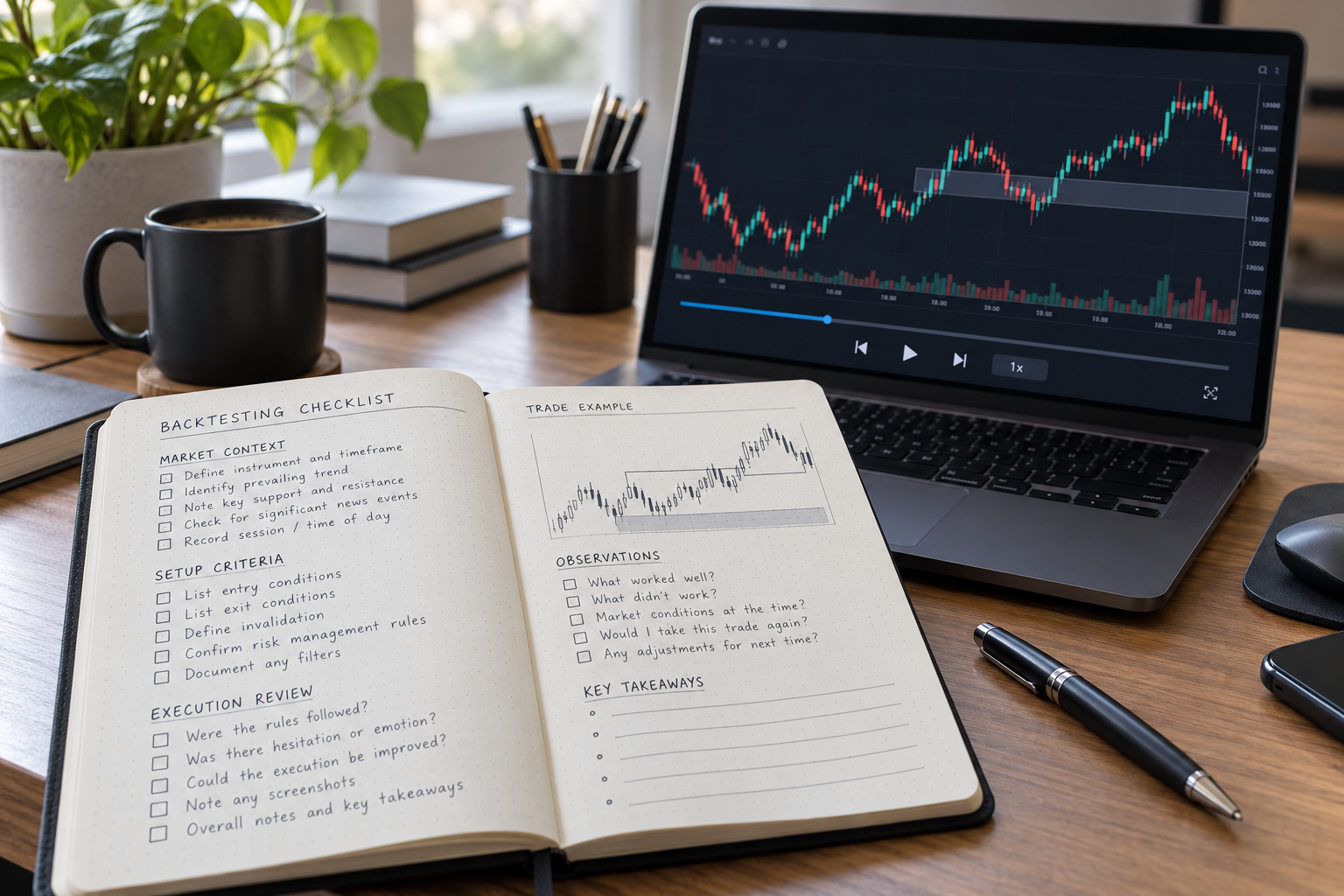 Illustrative fictional backtesting checklist beside a generic replay chart