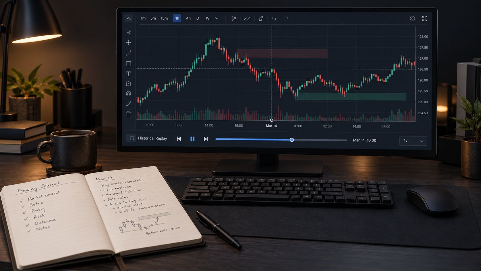 Illustrative fictional process-review dashboard for a backtesting routine