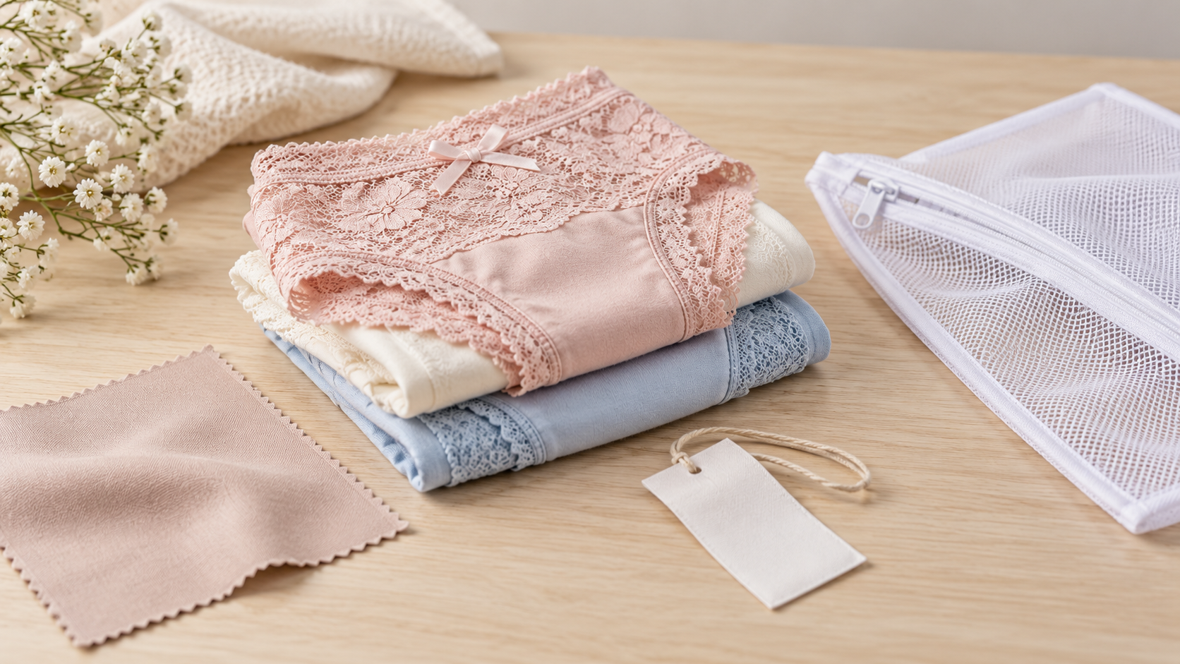 Editorial flat-lay of folded lingerie beside fabric and laundry-care items