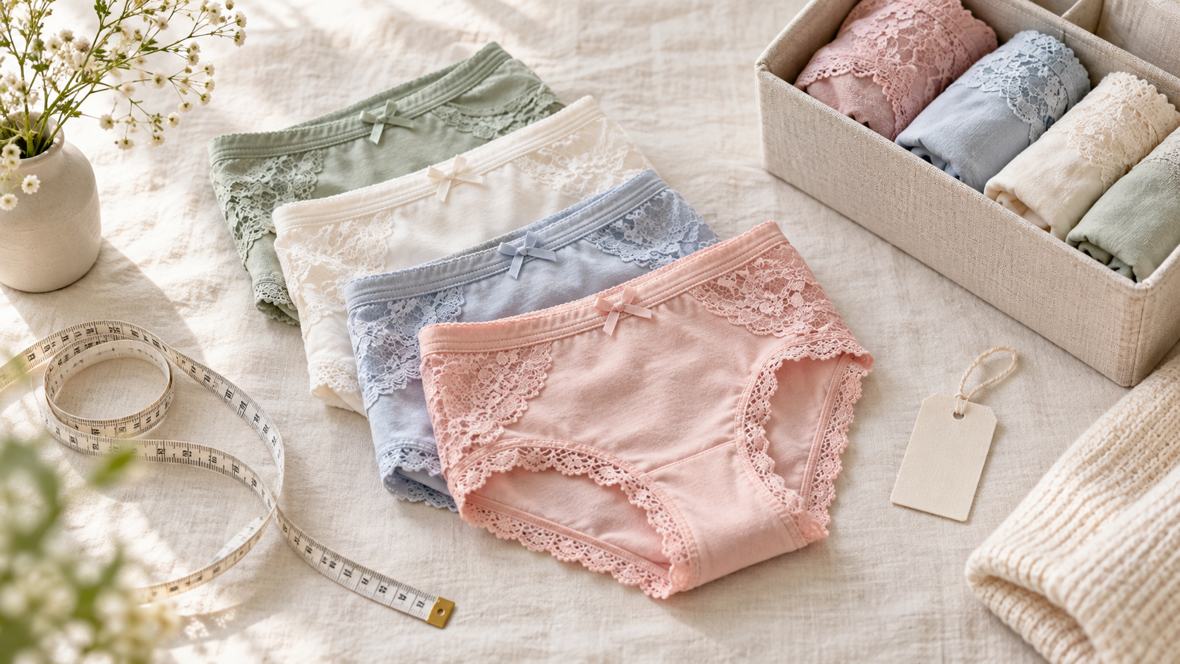 Editorial flat-lay of folded pastel underwear, fabric tape, and storage box